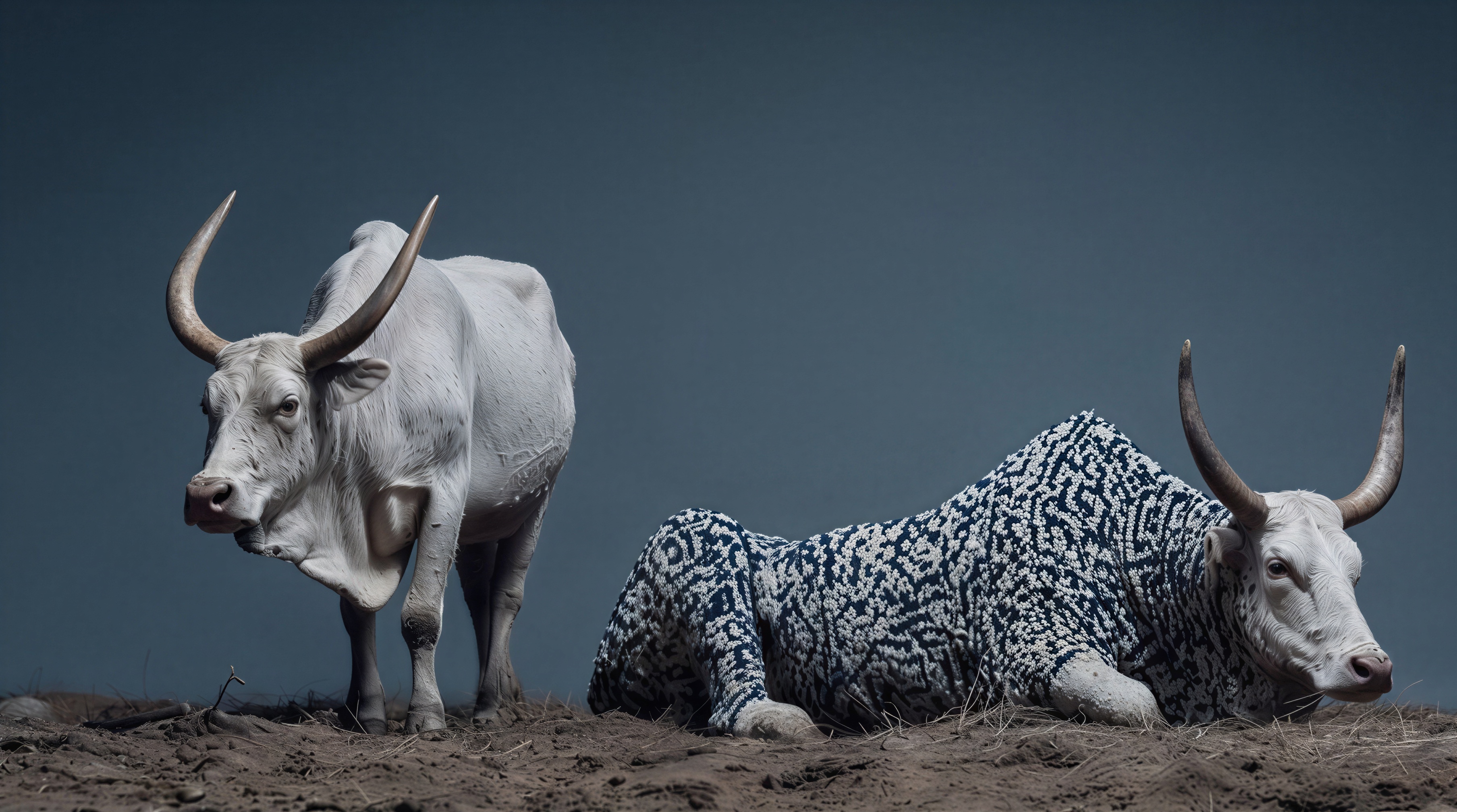 Two cattle after the harvest, one covered in a blue and white woven pattern