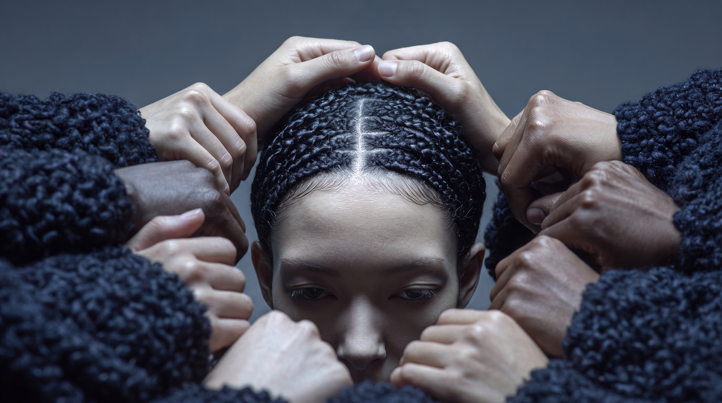 Many hands surrounding a figure with tightly braided dark hair