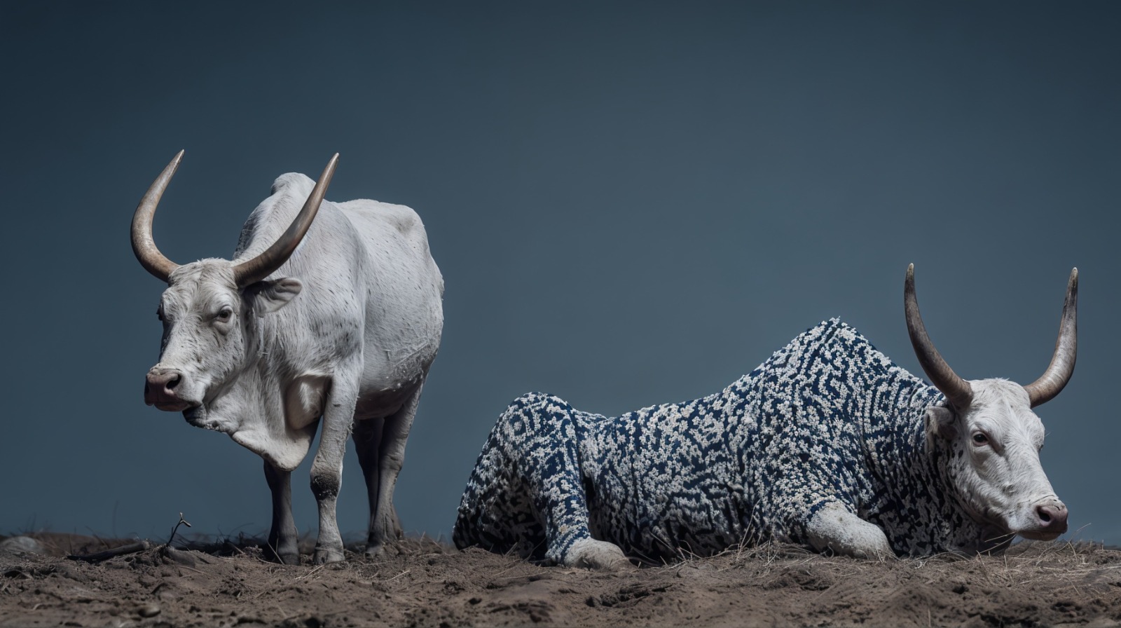 Two white cattle, one covered in a blue and white woven pattern