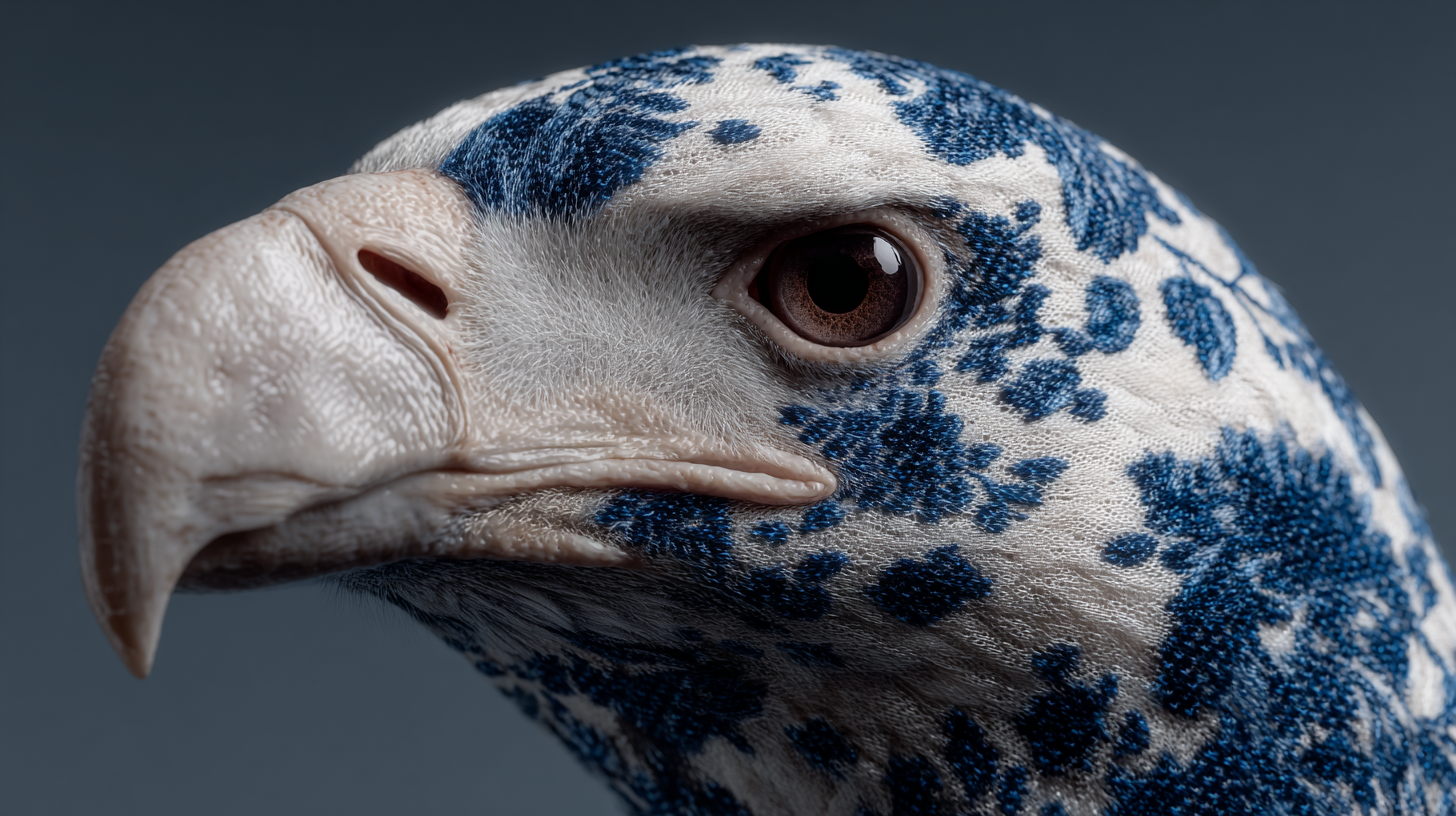 A close portrait of a blue and white patterned bird from Code Muse