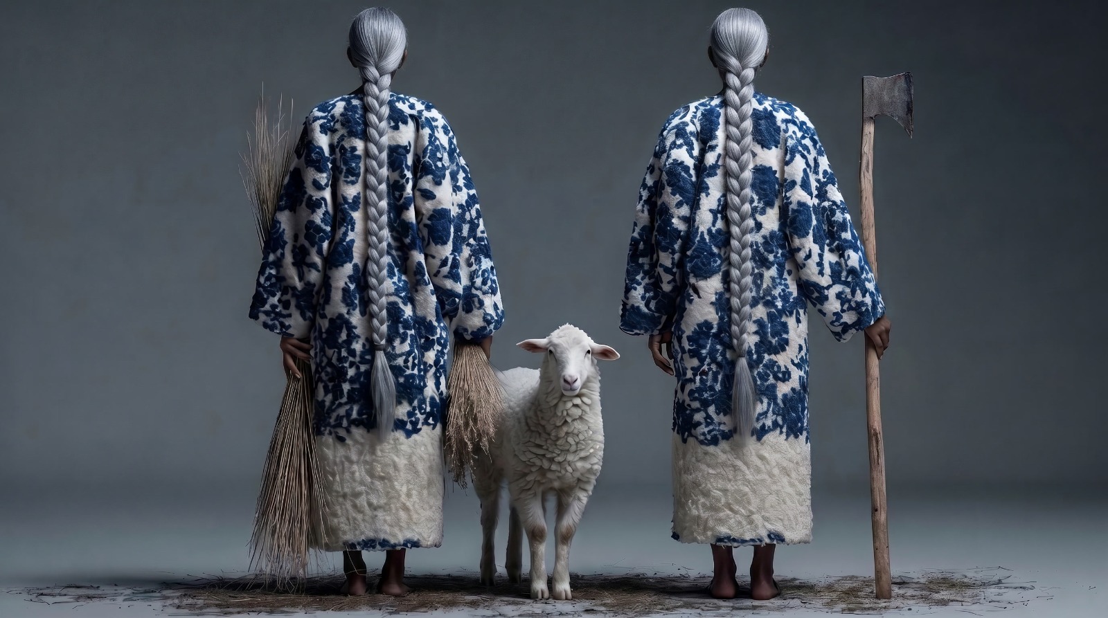 Two braided figures standing beside a sheep