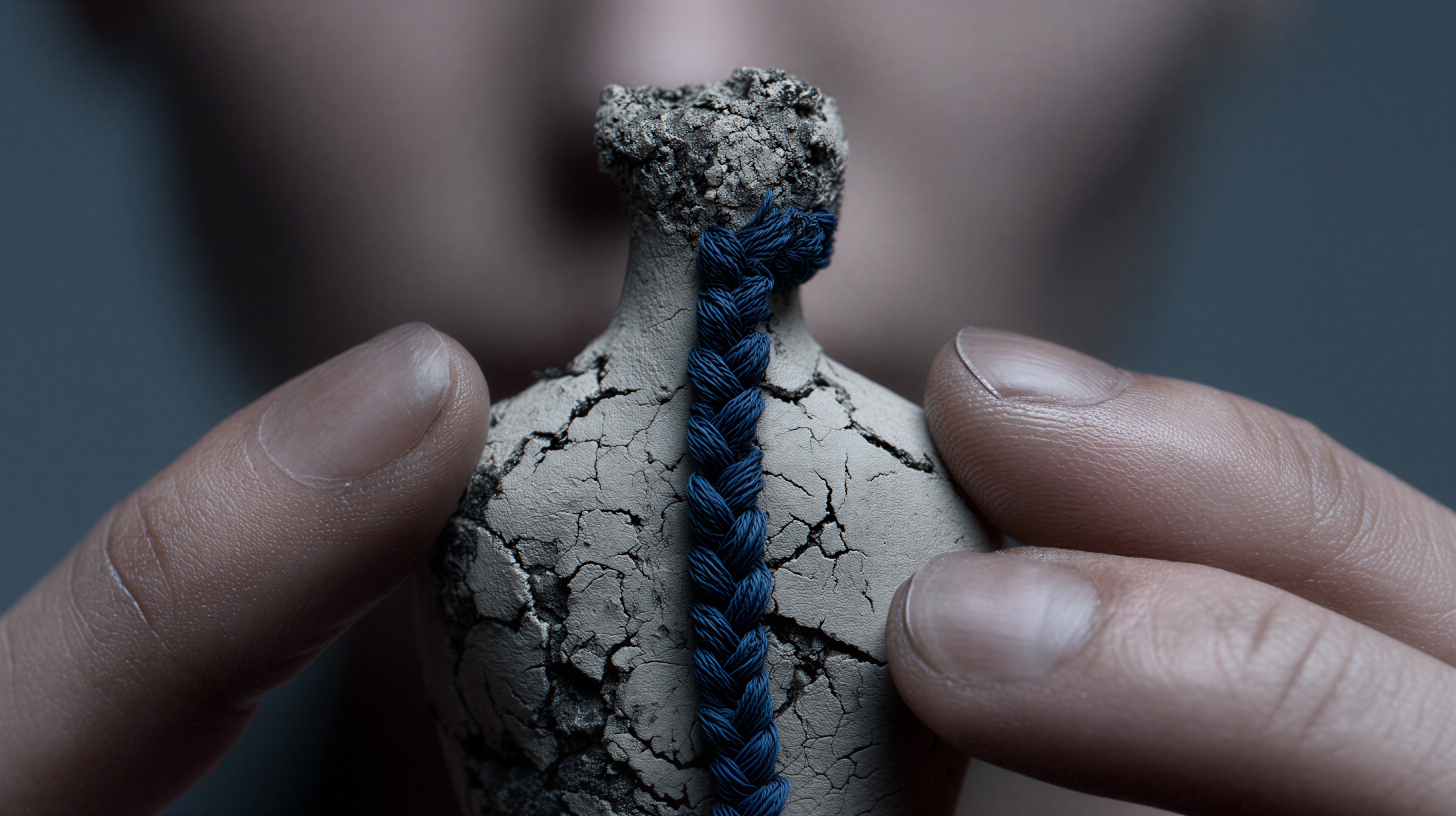 A small cracked clay figurine with a blue braid held between two hands