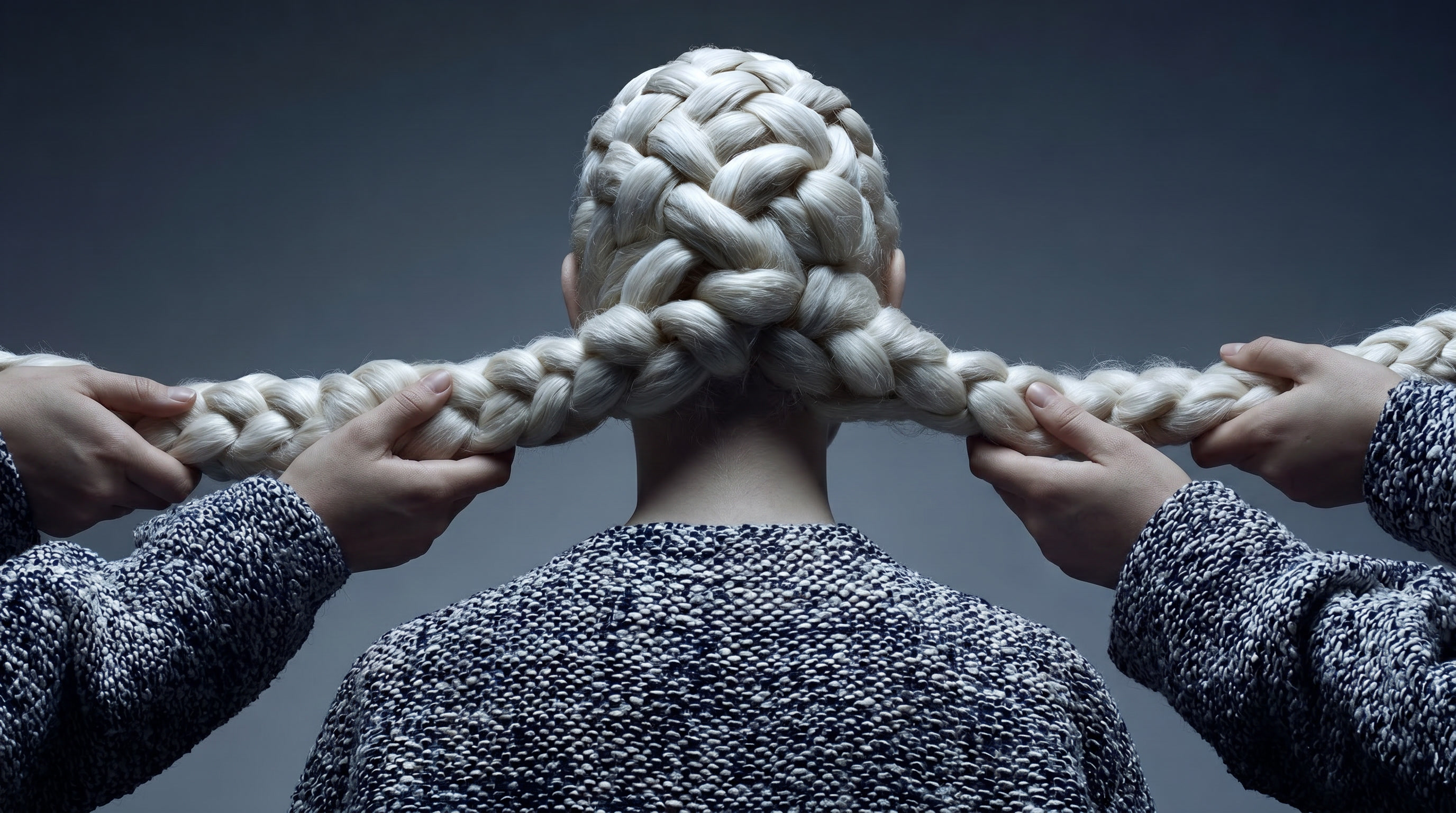 A figure with intricately braided white hair held by four hands