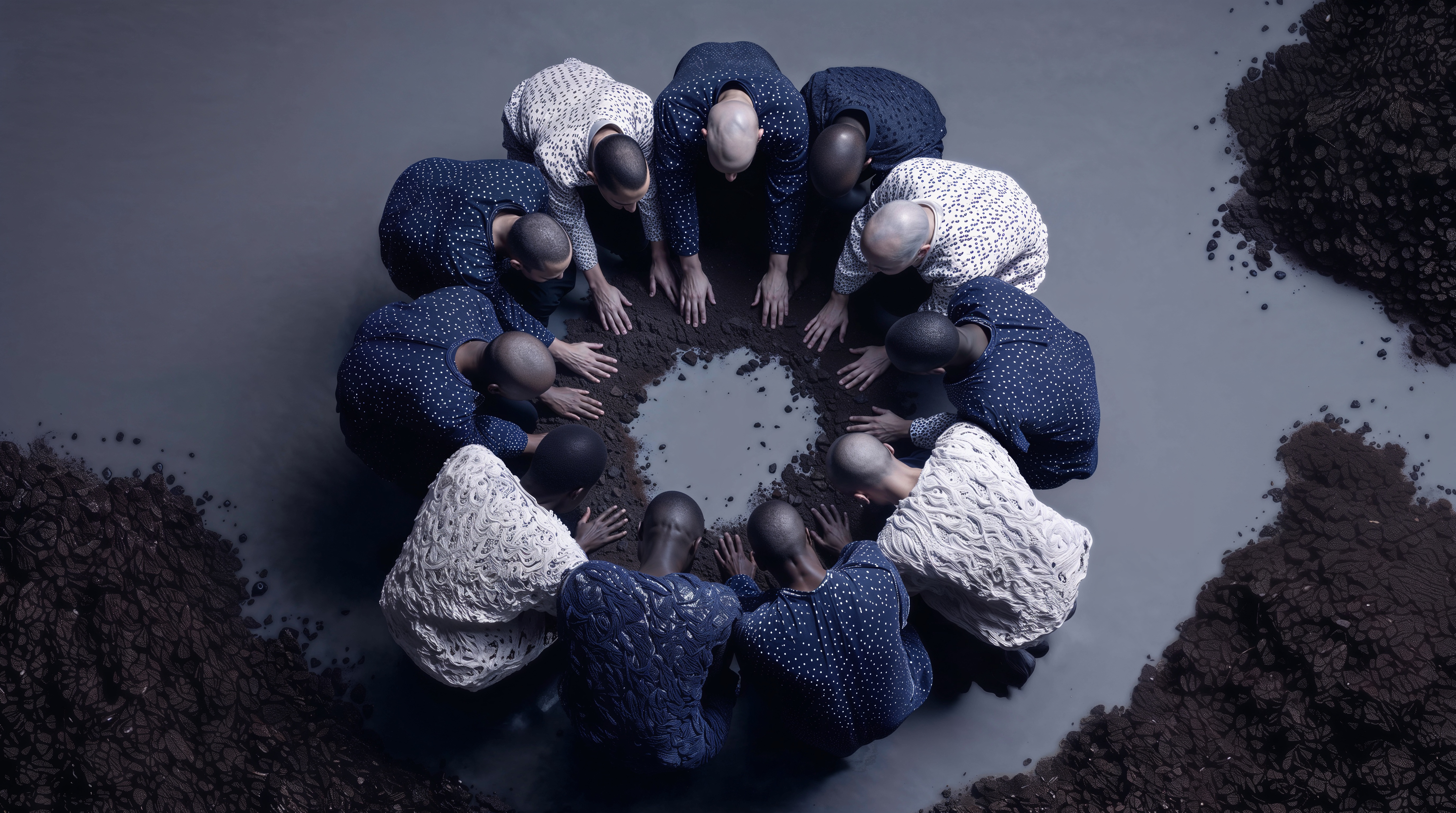 Overhead view of figures in blue and white garments working around dark earth