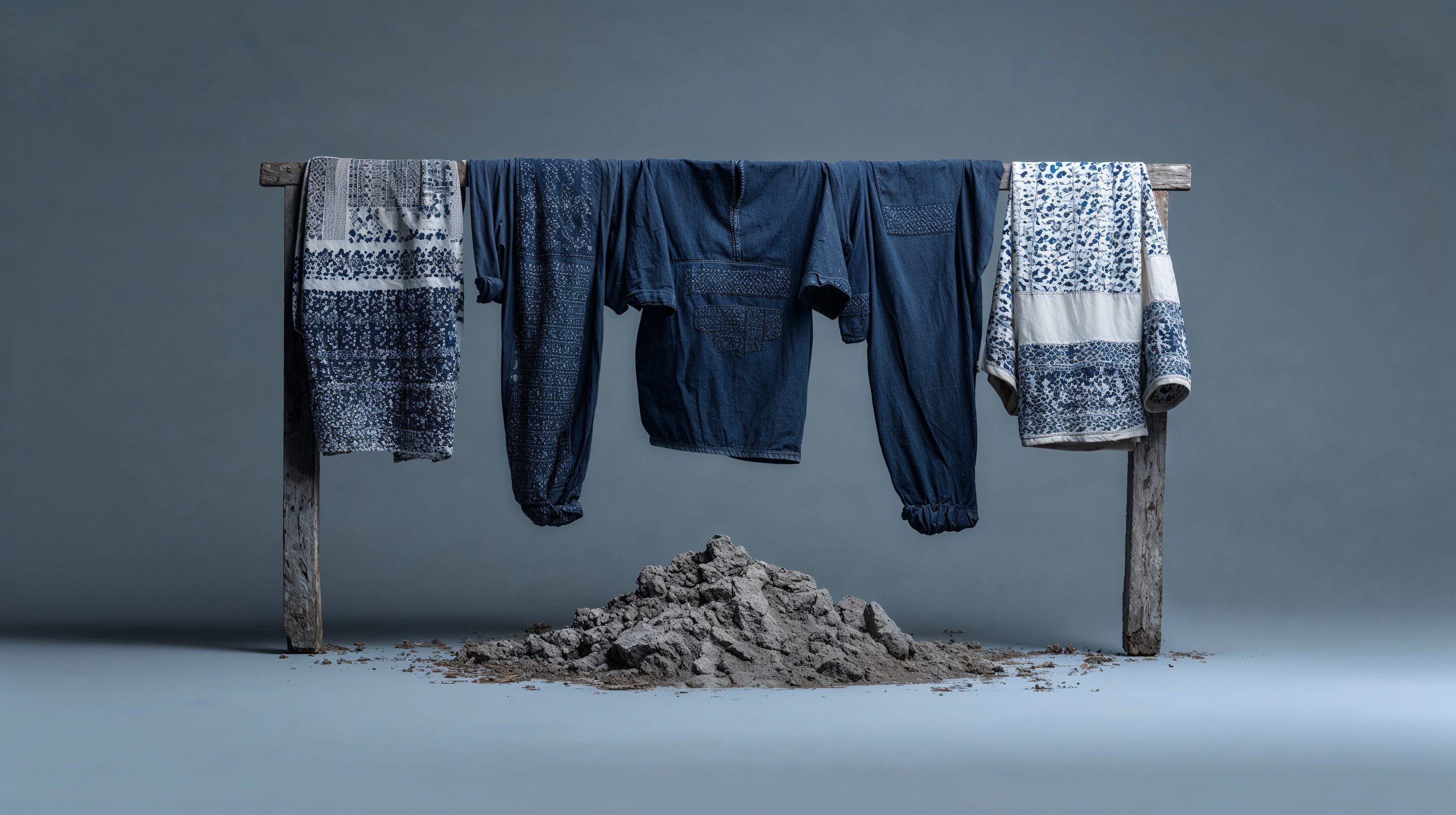 Blue and white garments hanging from a wooden rail above a mound of earth