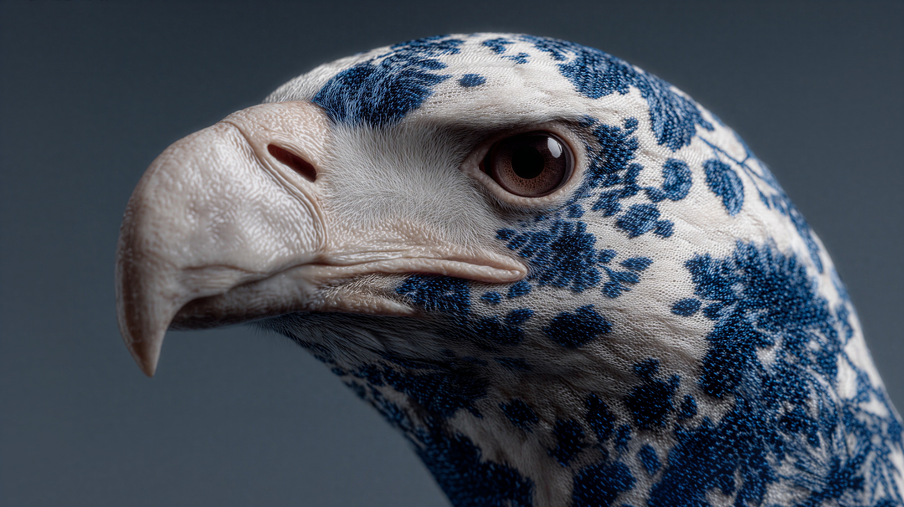 Close portrait of an eagle covered in a blue and white textile pattern