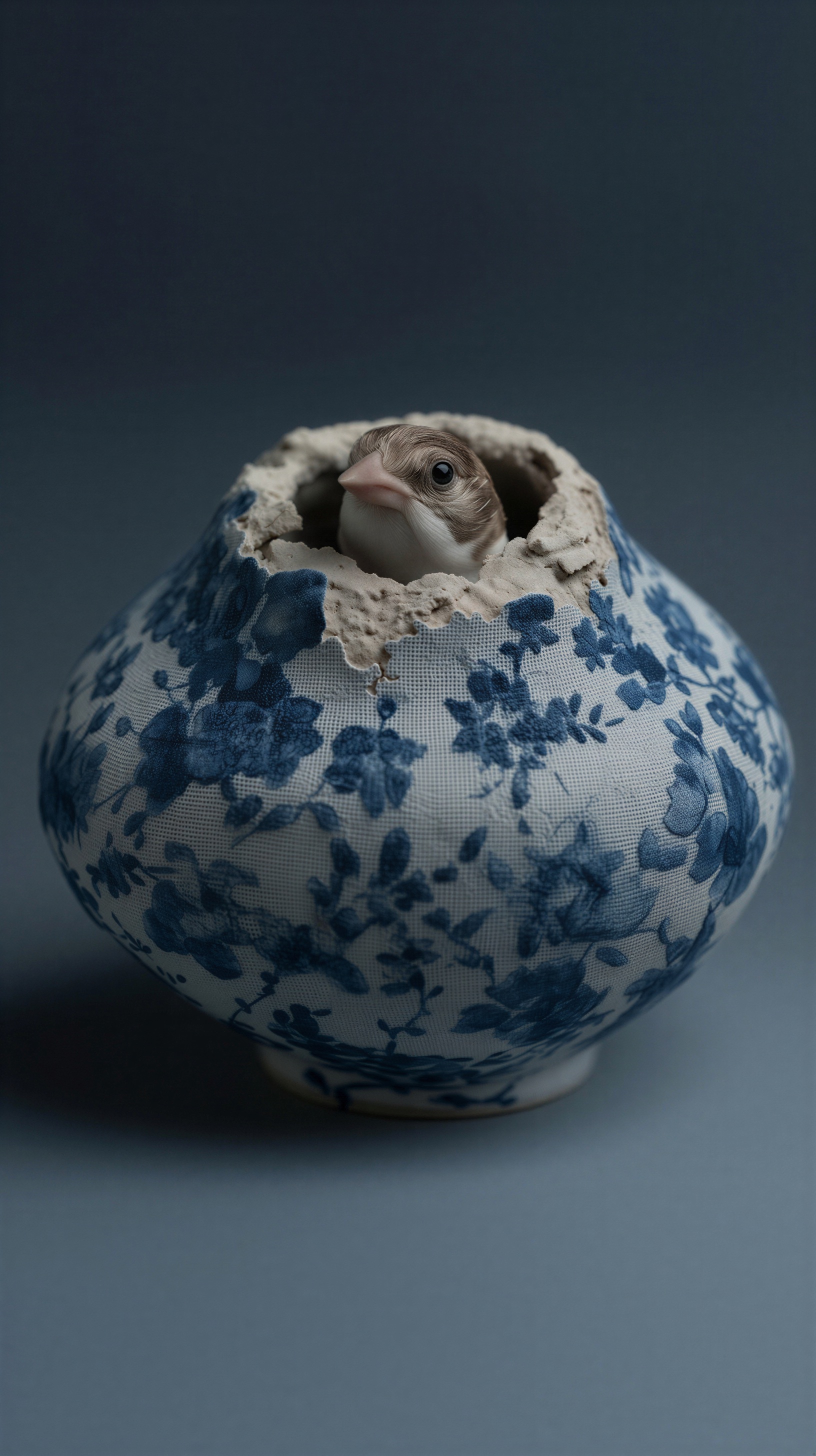 A small nightingale emerging from a blue and white floral vessel