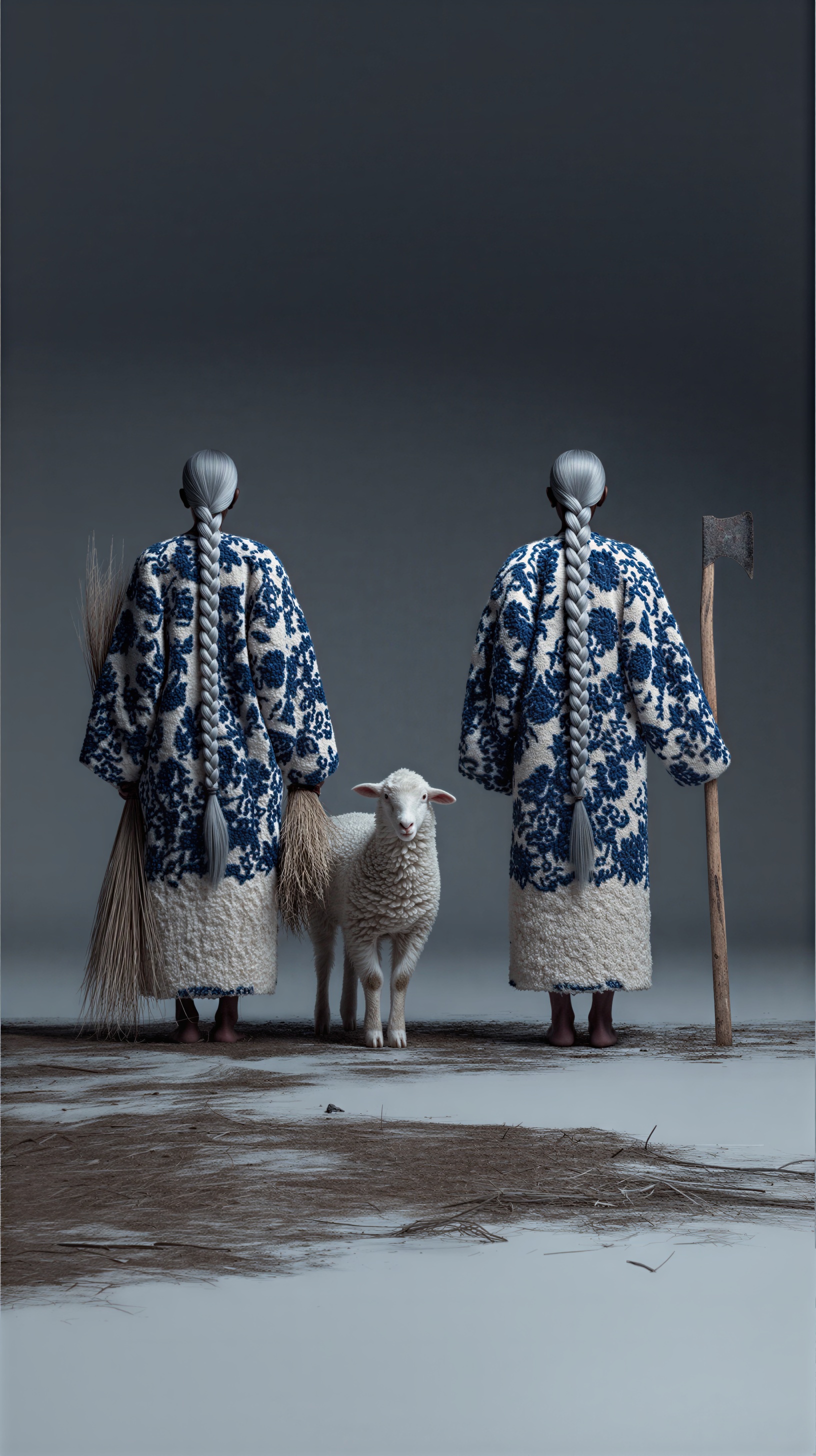 Two long-braided figures standing with a sheep, a broom, and an agricultural tool