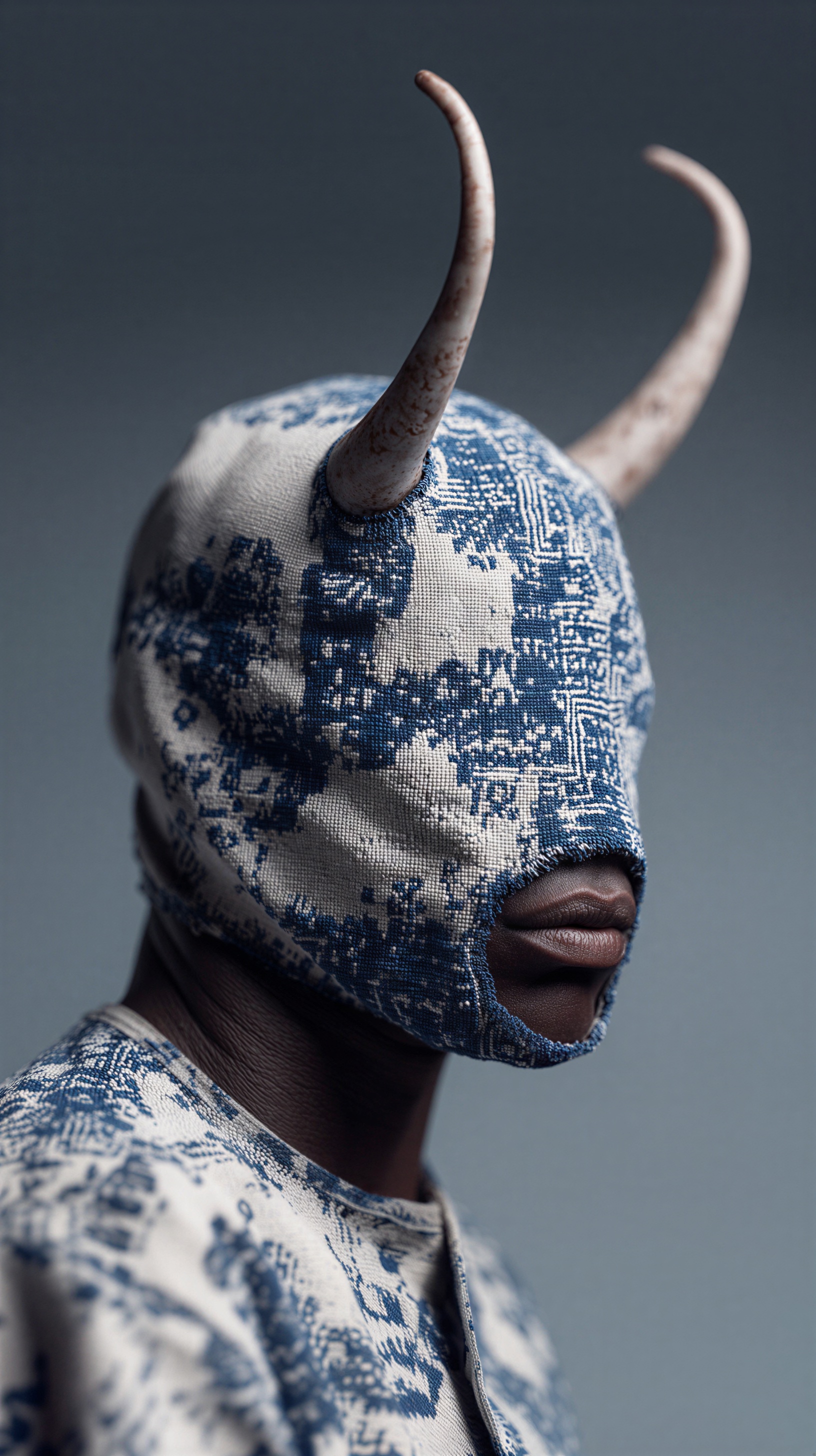 Portrait of a horned figure wearing a blue and white woven mask