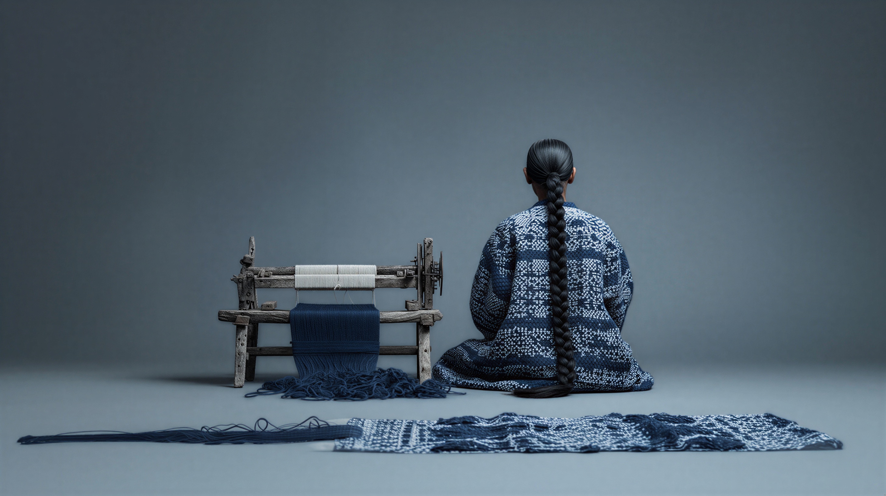 A long-braided figure seated beside a wooden loom with blue and white textiles